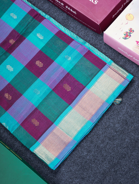 Beautiful Paalum Pazham Checks Pure Silk Cotton Saree With Contrast Sapphire Blue Blouse
