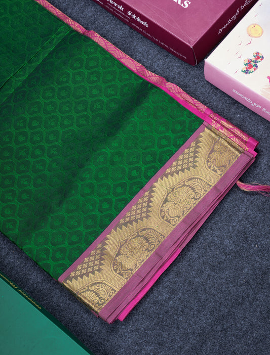 Beautiful Bottle Green Empose Design Pure Silk Cotton Saree With Gold Zari Borer