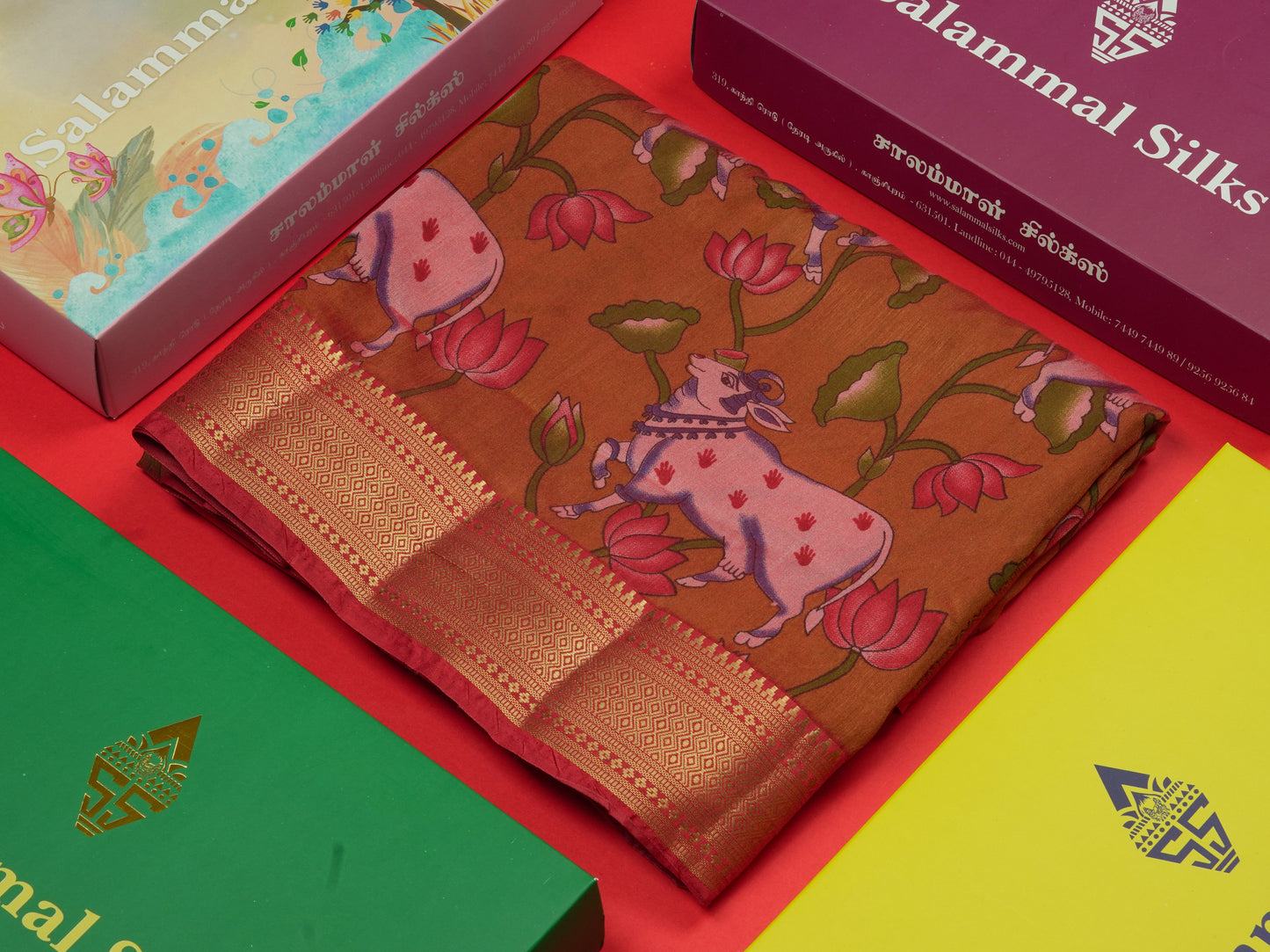 Purple Pichwai Print In Semi Raw Silk Saree With Contrast Rama Blue Traditional Border