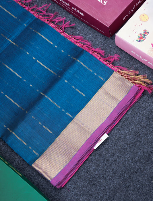 Blue Colour Pure Silk Cotton Saree With Contrast Pink Border