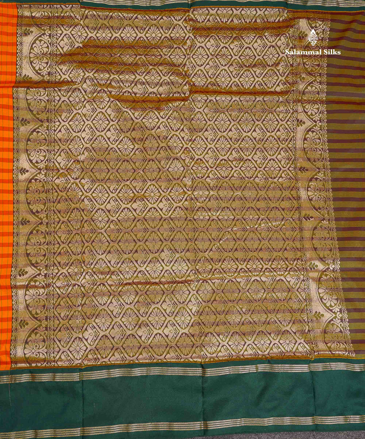 Semi Silk Saree - Yellow & Orange Colour Body Checks With Contrast Bottle Green Traditional Gap Border | 9.5 Yards