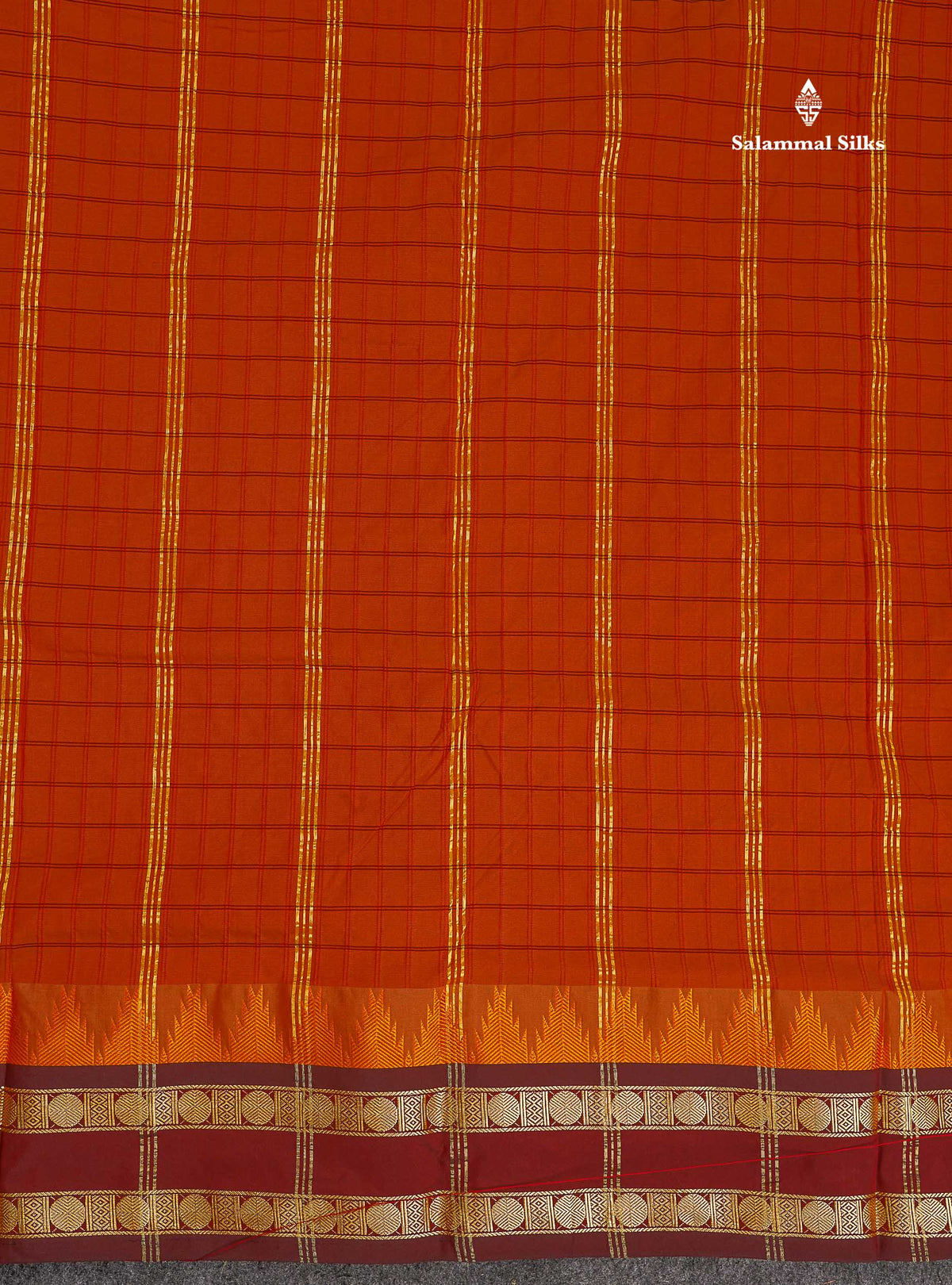 Semi Silk Saree - Rust Orange Colour Body Checks With Contrast Dark Maroon Traditional Gap & Temple Border | 9 Yards