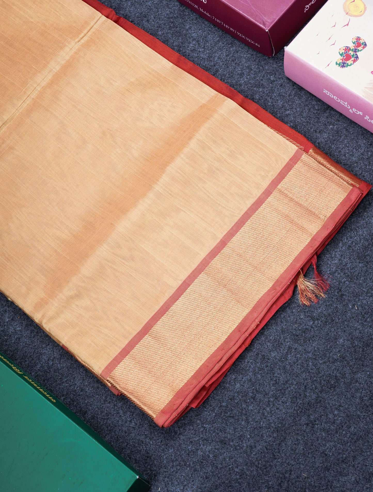 Sandal Plain Pure Silk Cotton Saree With Contrast Red Blouse