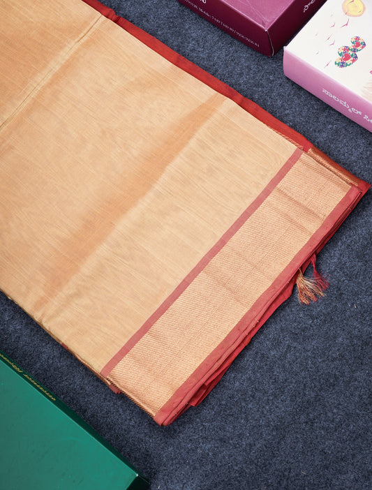 Sandal Plain Pure Silk Cotton Saree With Contrast Red Blouse