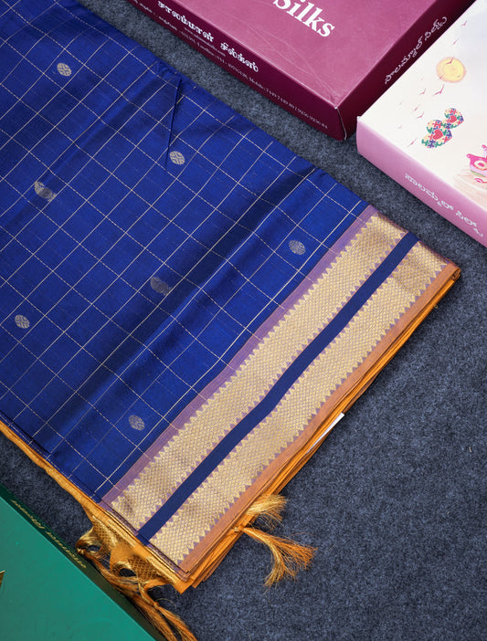 Royal Blue Zari Checks With Butta Pure Silk Cotton Saree With Contrast Mustard Yellow Blouse