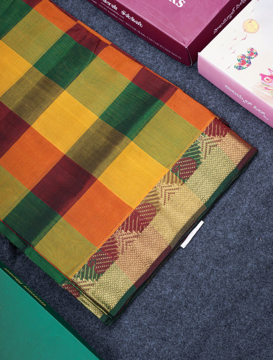 Beautiful Paalum Pazham Checks Pure Silk Cotton Saree With Contrast Bottle Green Blouse