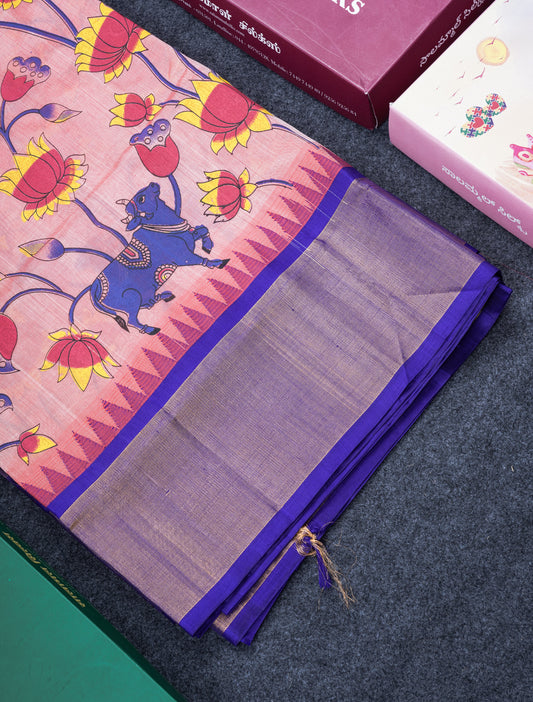 Beautiful Onion Pink Kalamkari Design Pure Silk Cotton Saree With Contrast Violet Border