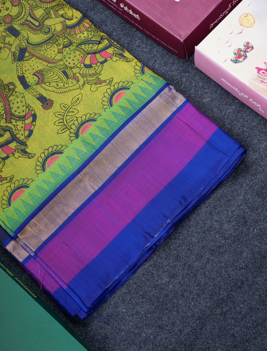 Beautiful Orangish yellow Kalamkari Design Pure Silk Cotton Saree With Ganga Jamuna Border