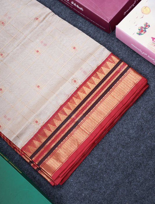 Cream Sandal Pure Silk Cotton Saree With Contrast Reddish Maroon Blouse