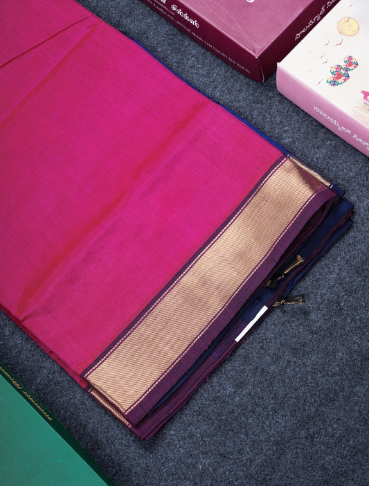 Rani Pink Pure Silk Cotton Saree With Contrast Royal Blue Blouse