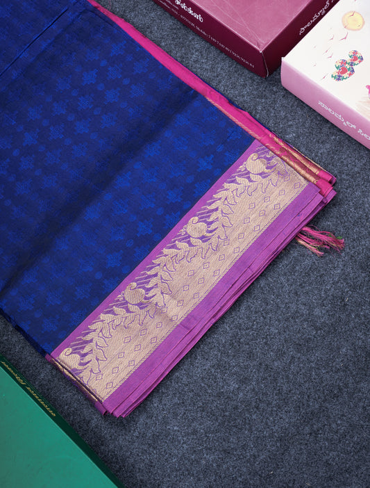 Royal Blue Pure Silk Cotton Saree With Contrast Magenta Pink Blouse