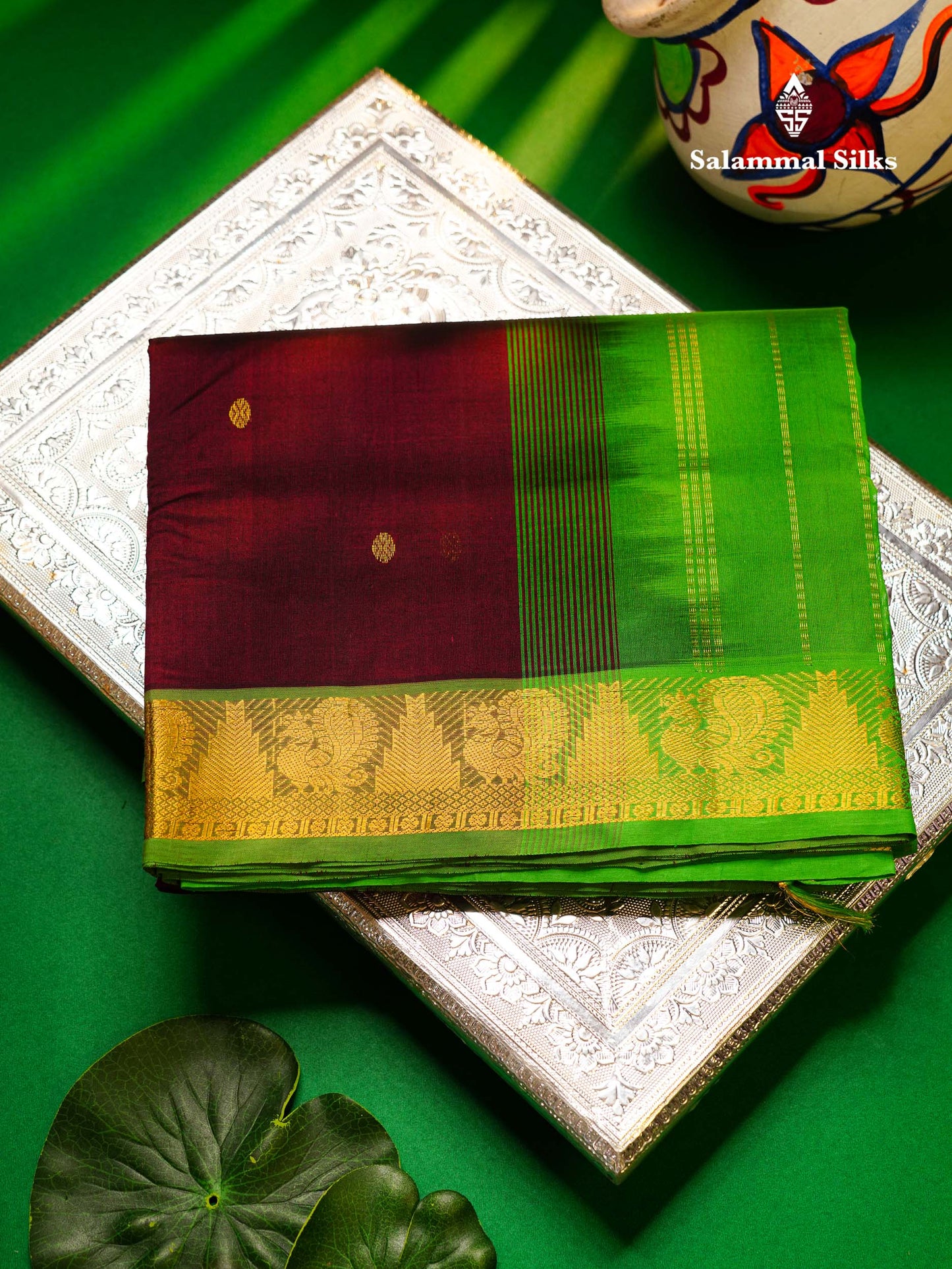 Beautiful Dark Violet Handloom Pure Silk Cotton Saree With Green Traditional Border