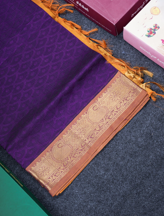 Beautiful Violet Emboss Design Pure Silk Cotton Saree With Gold Zari Border