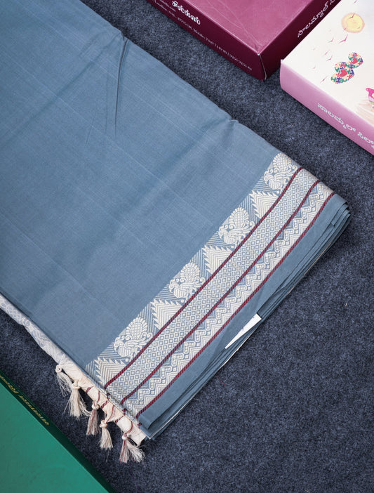 Blueish Grey Thread Work Plain Pure Silk Cotton Saree With Contrast Beige Blouse