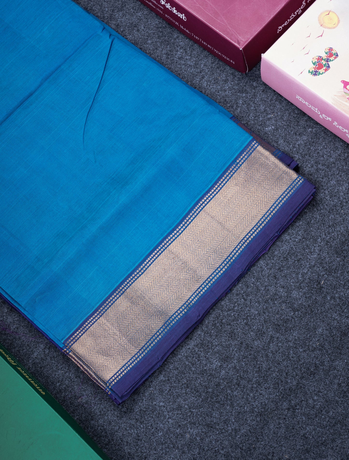 Ramar Blue Plain Pure Silk Cotton Saree With Contrast Royal Blue Blouse