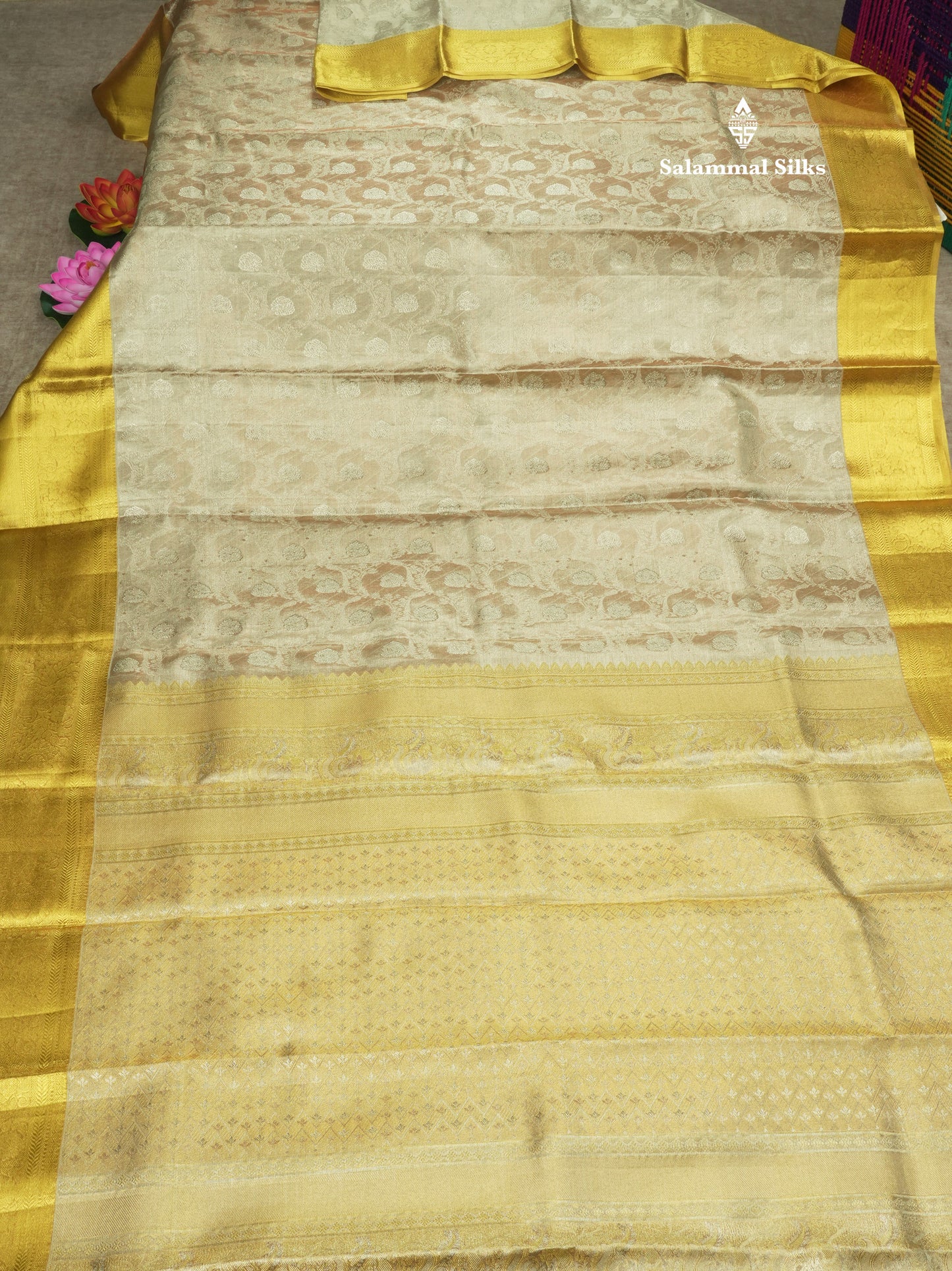 Light Chocolet Tissue Bridal Pure Silk Saree With Mustard Yellow Evining Morning Border