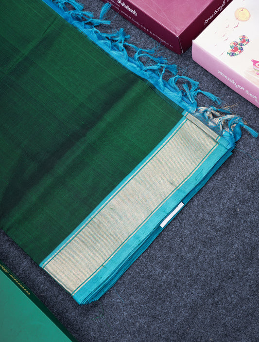 Bottle Green Plain Pure Silk Cotton Saree With Contrast Sky Blue Blouse