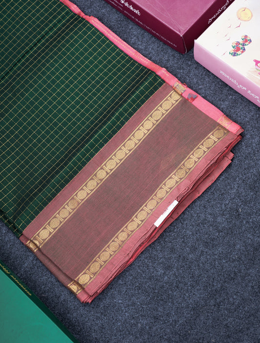 Bottle Green Zari Small Checks Pure Silk Cotton Saree With Traditional Rettapet Border