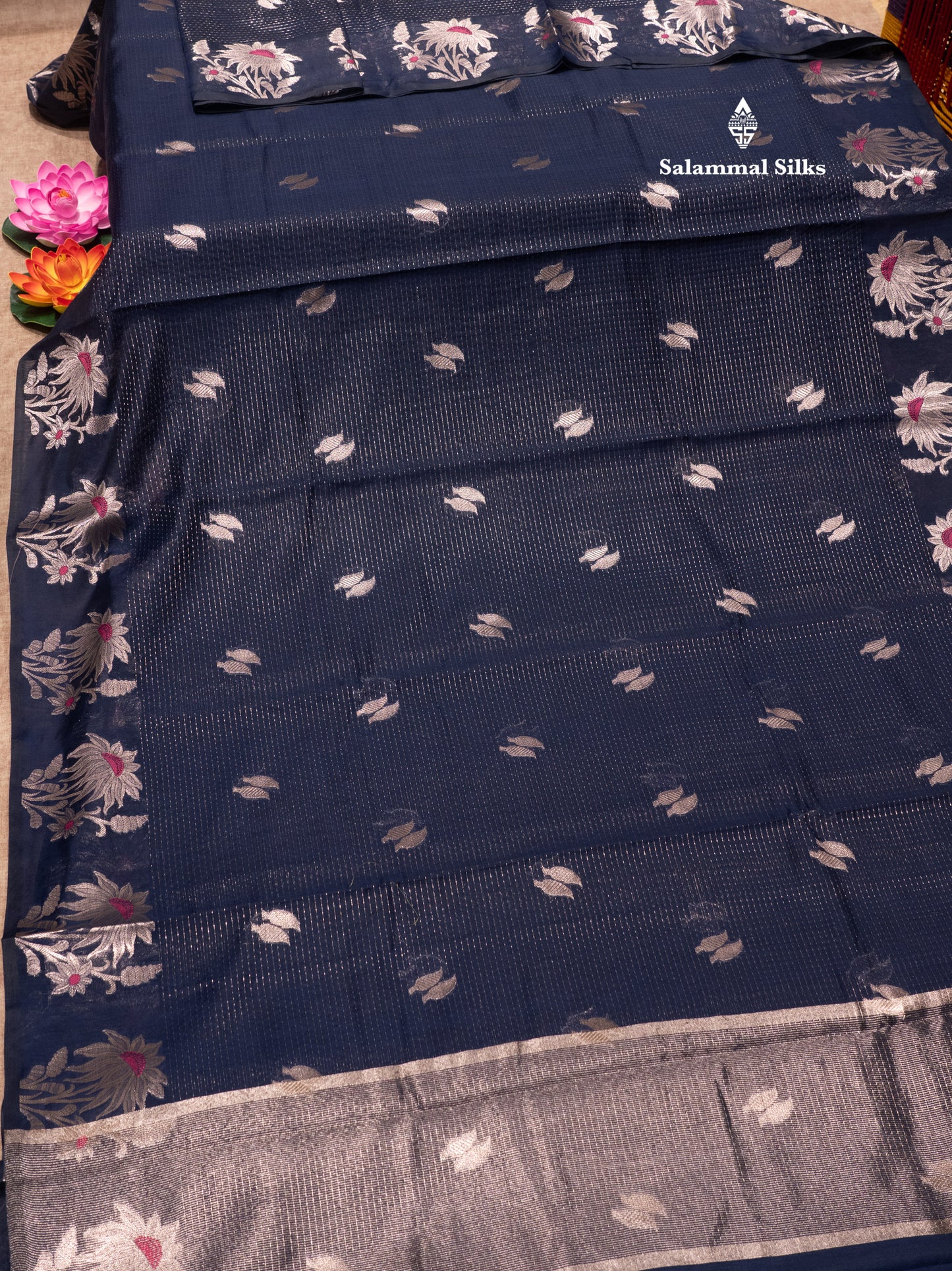 Beautiful Ramar Blue Resh Cotton Silver Zari Lines Saree With Fancy Meena Work Border