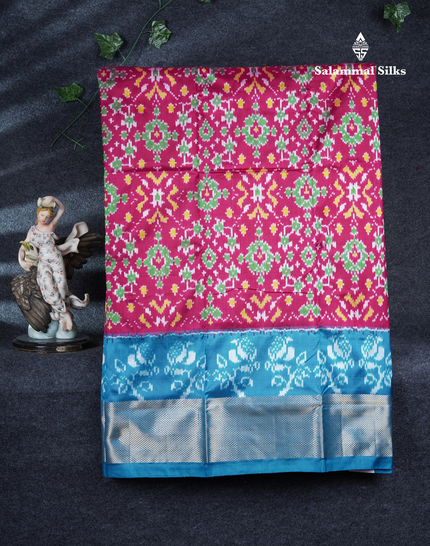 Pure Silk Pattu Pavadai Pochampalli Design (Pink) With Contrast Sky Blue Blouse 44"