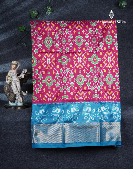Pure Silk Pattu Pavadai Pochampalli Design (Pink) With Contrast Sky Blue Blouse 44"