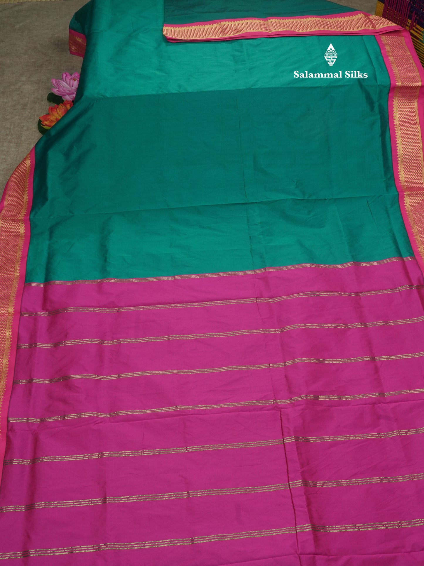 11 Yards Semi Silk Saree Royal Blue with Contrast Pink Border