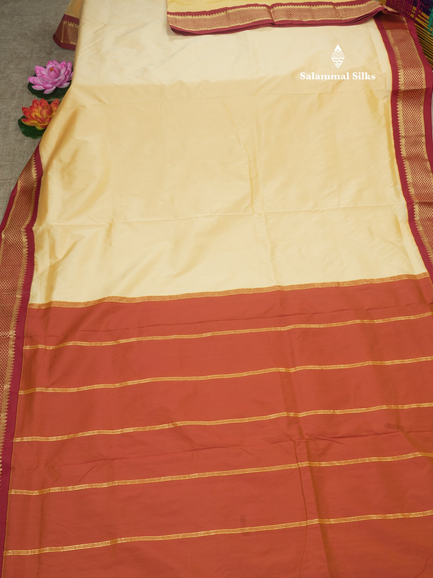 11 Yards Semi Silk Saree Beige with Contrast Maroon Border