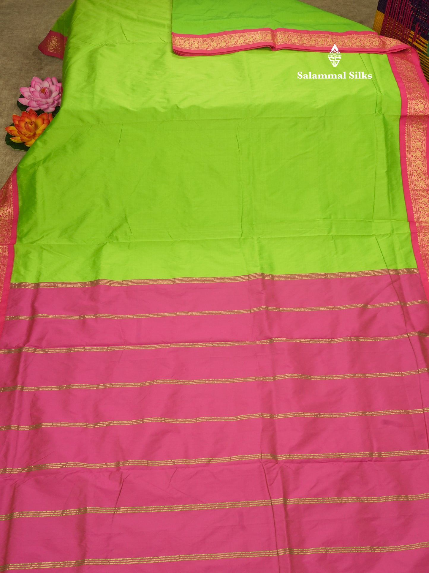 11 Yards Semi Silk Saree Green with Contrast Pink Border