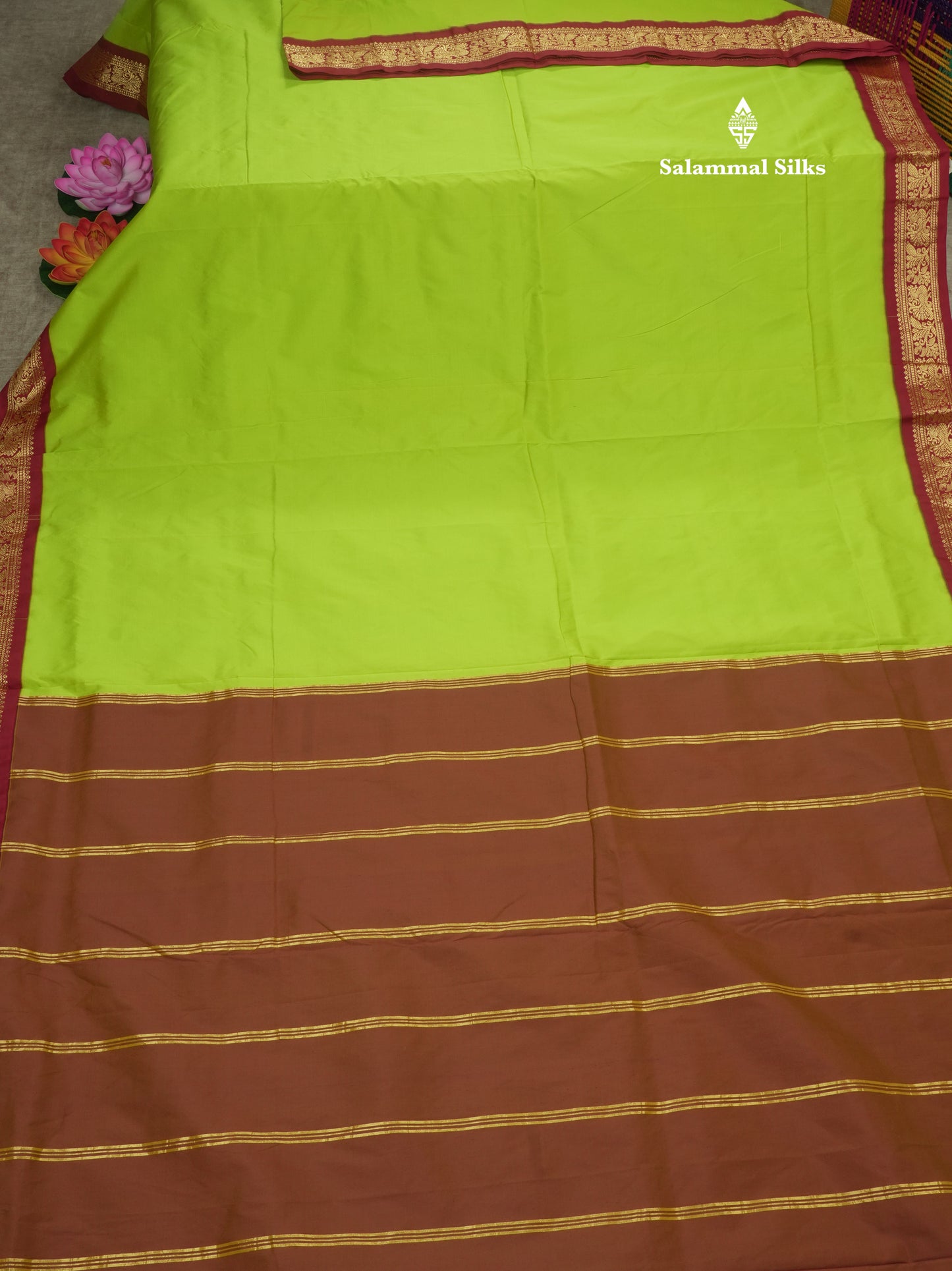 11 Yards Semi Silk Saree Green with Contrast Pink Border