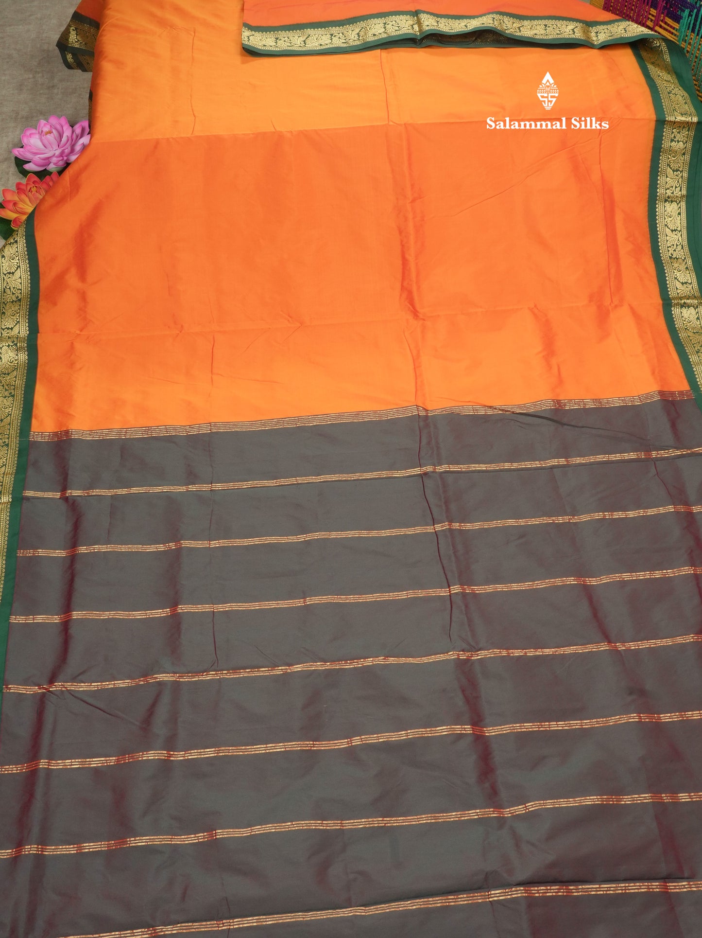 11 Yards Semi Silk Saree Green with Contrast Pink Border