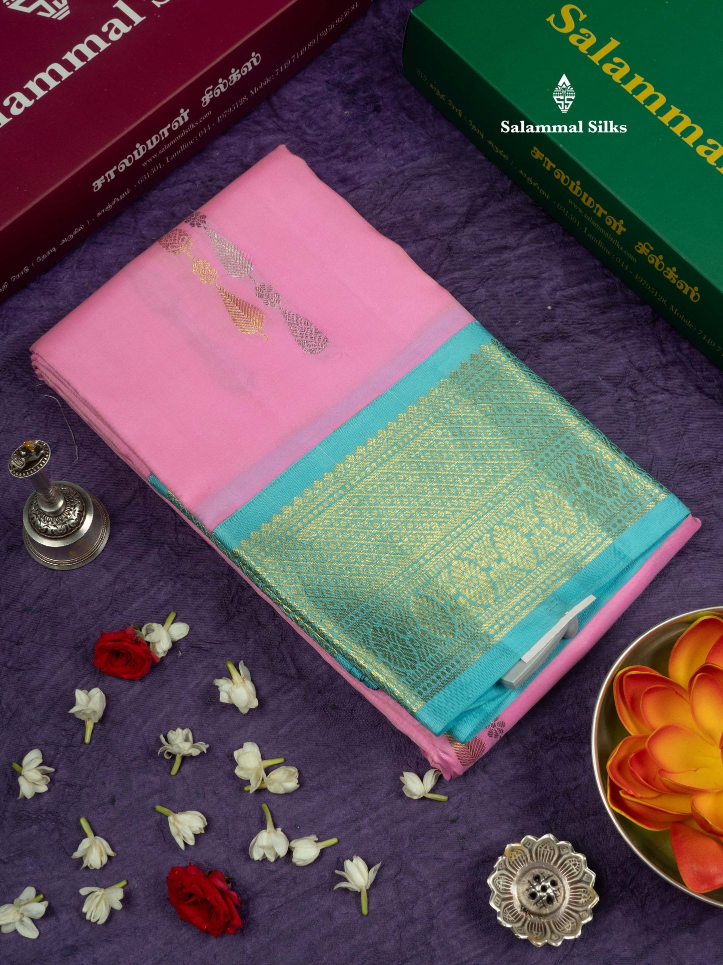 Kanjivaram Beautiful Baby Pink Silver And Gold Zari Buttas Pure Silk Saree With Light Anandha Blue Border