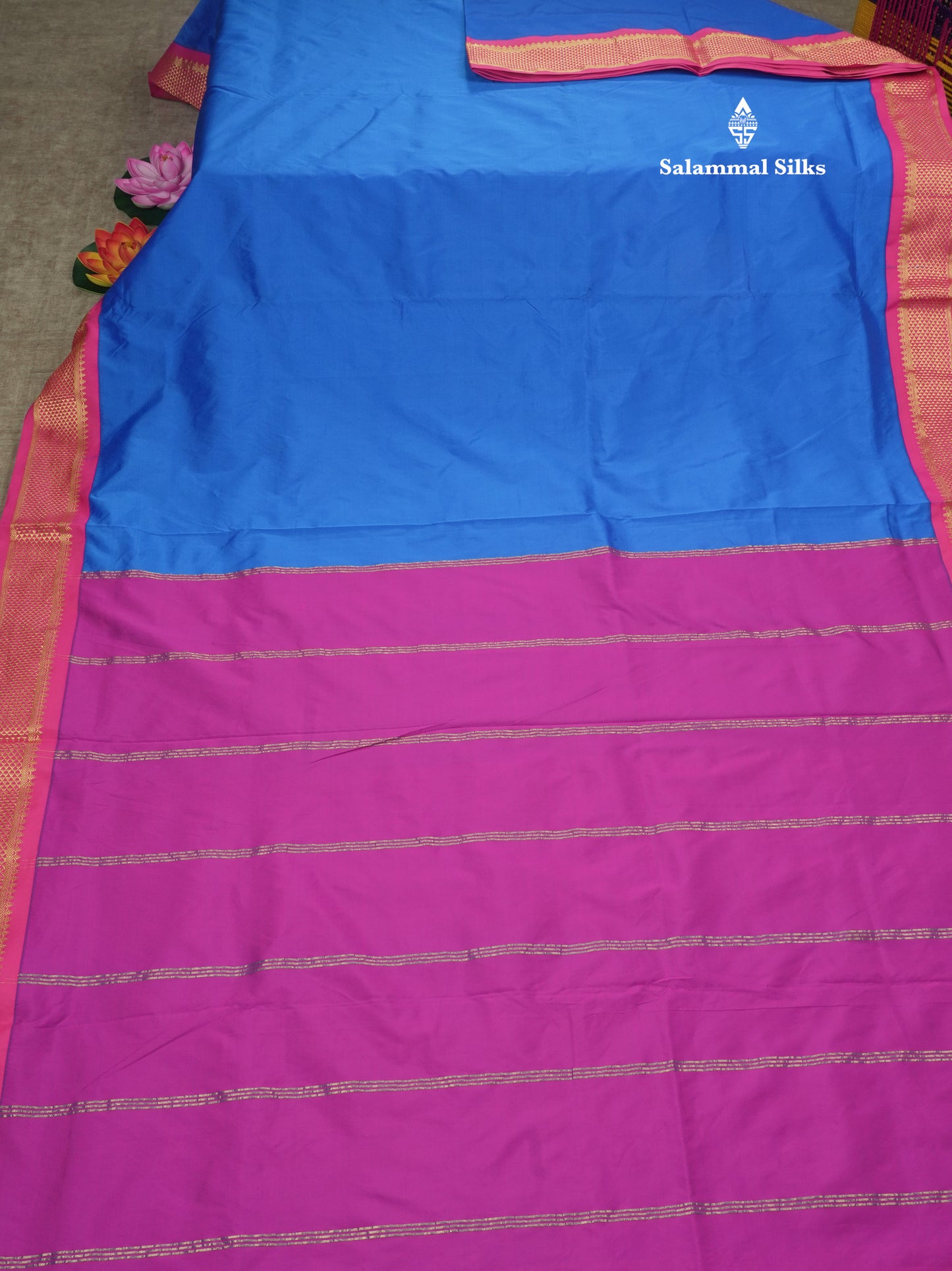 11 Yards Semi Silk Saree Royal Blue with Contrast Pink Border