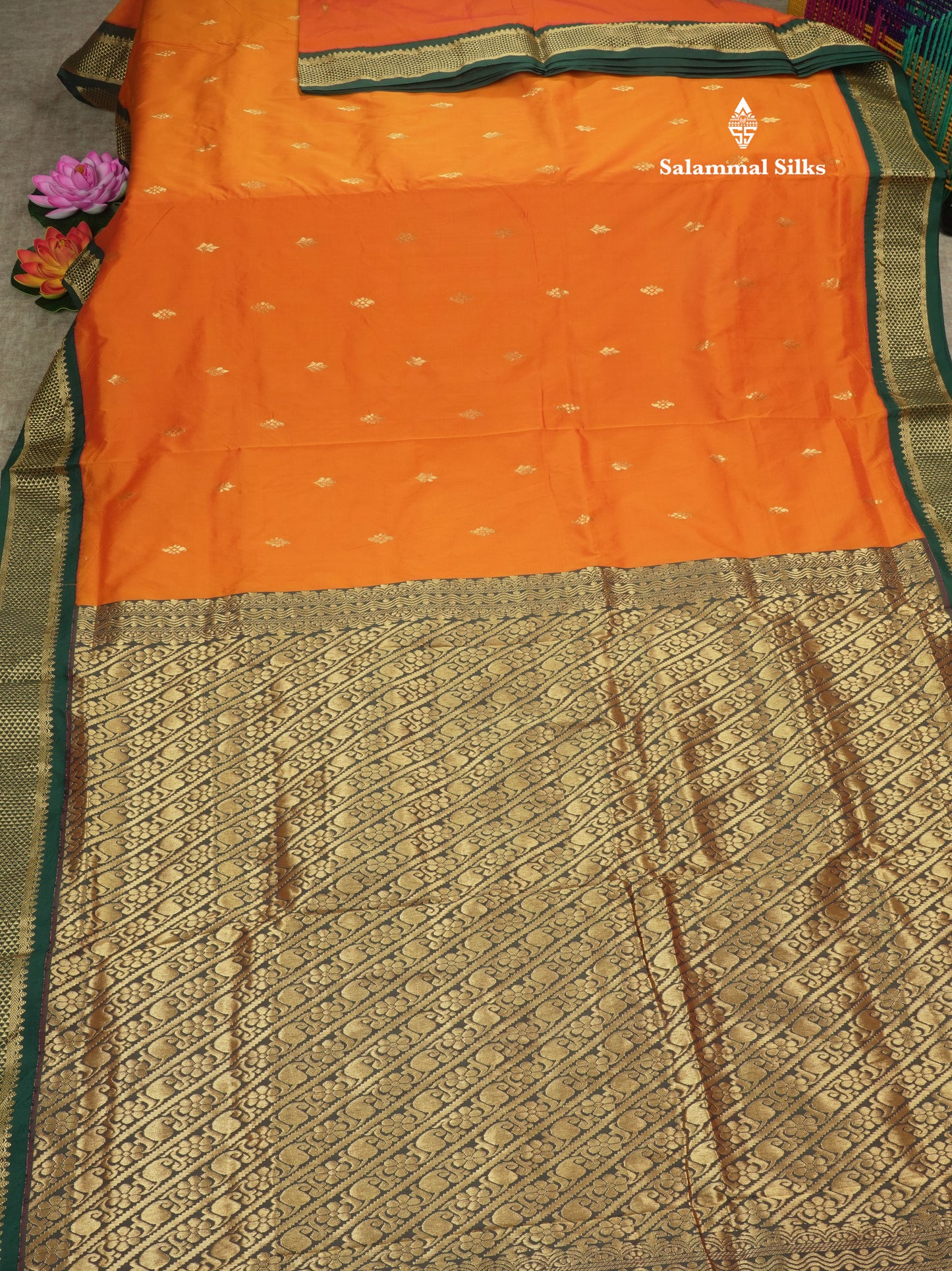 11 Yards Semi Silk Saree Orange with Contrast Bottle Green Border