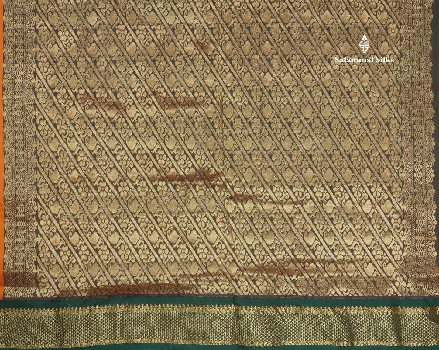 11 Yards Semi Silk Saree Orange with Contrast Bottle Green Border