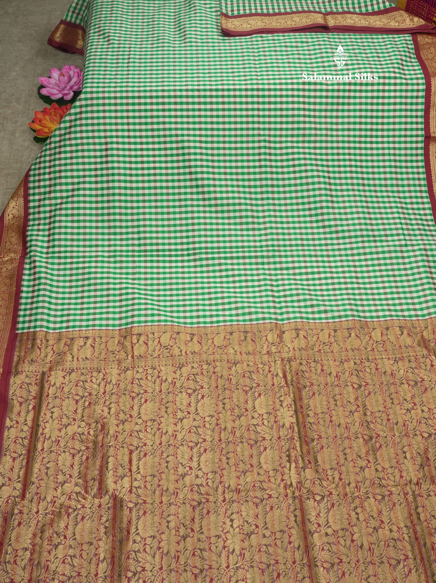 11 Yards Semi Silk Saree Multicolour Checks with Traditional Maroon Border