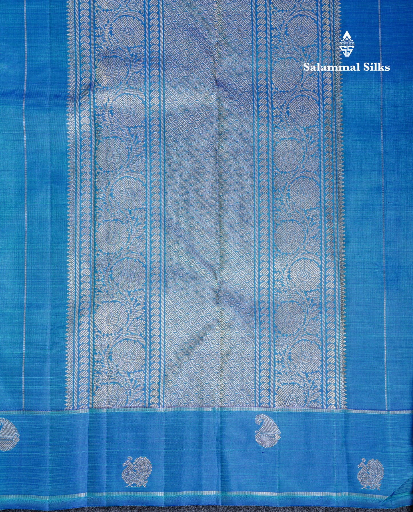 Dual Tone Sapphire Green Pure Kanjivaram Silk Saree Pure Zari with Contrast Blue Traditional Rettapet Border