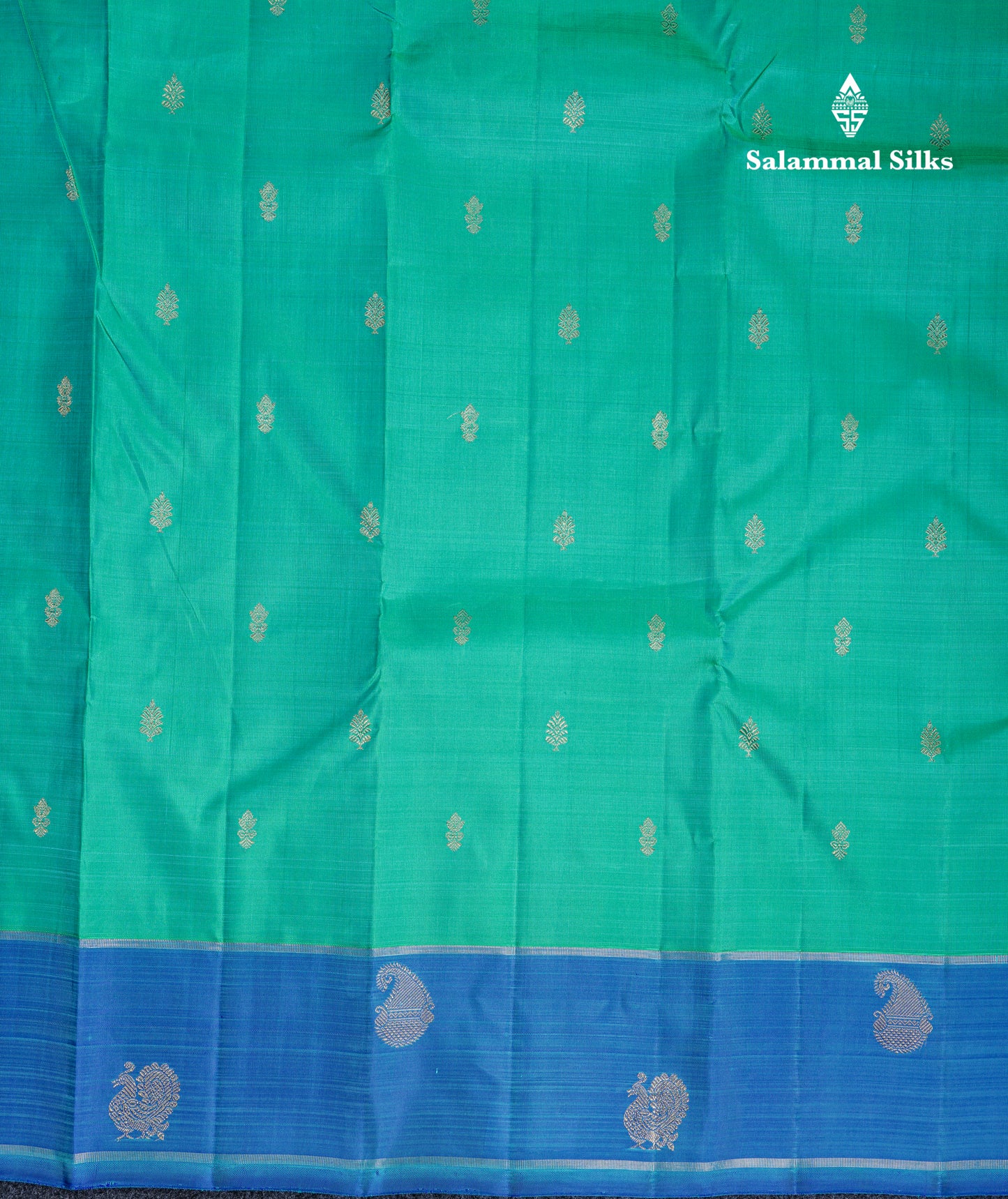 Dual Tone Sapphire Green Pure Kanjivaram Silk Saree Pure Zari with Contrast Blue Traditional Rettapet Border