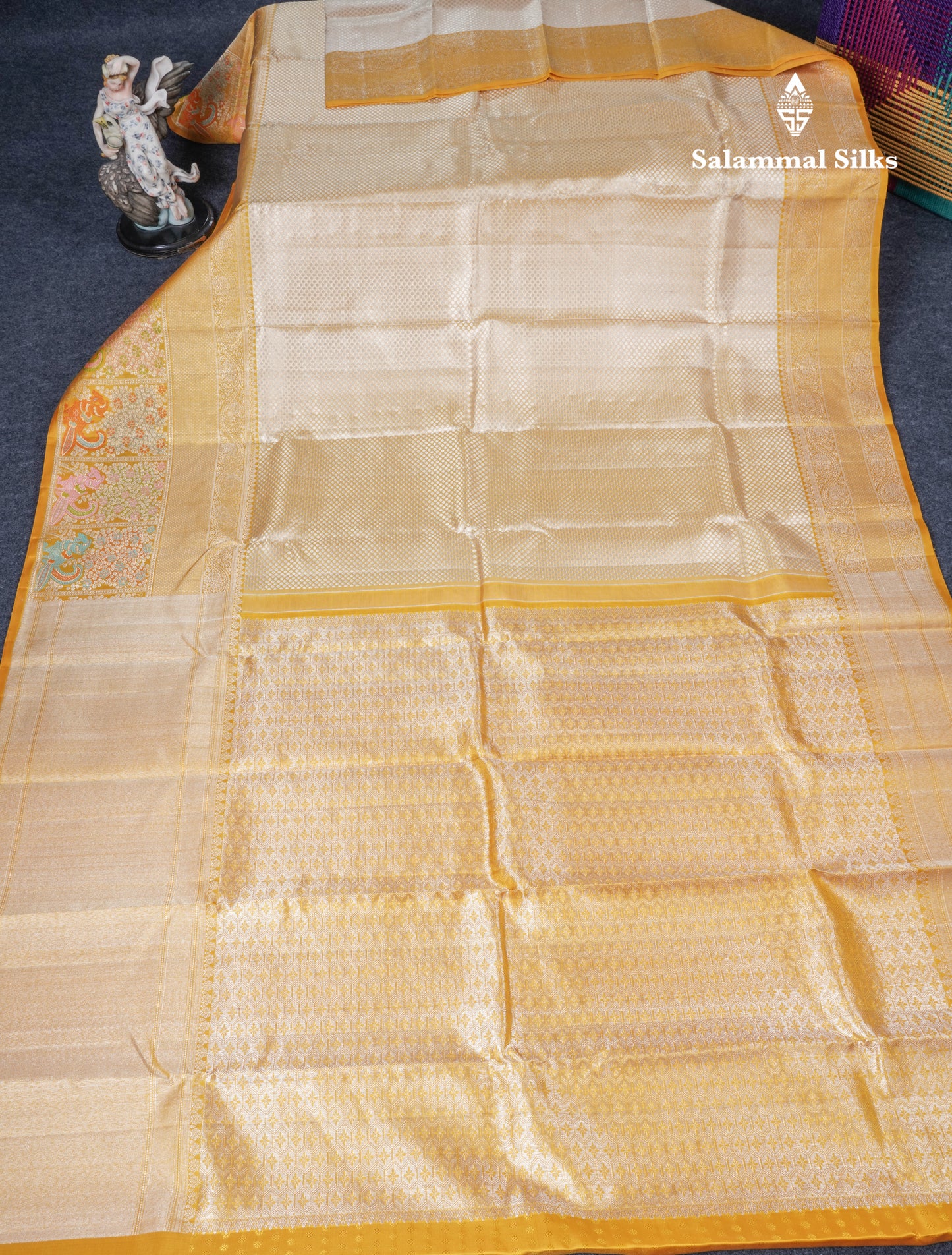 Sandal Bridal Pure Kanjivaram Silk Saree With Contrast Mustard Yellow Menakari Work Evening Morning Border