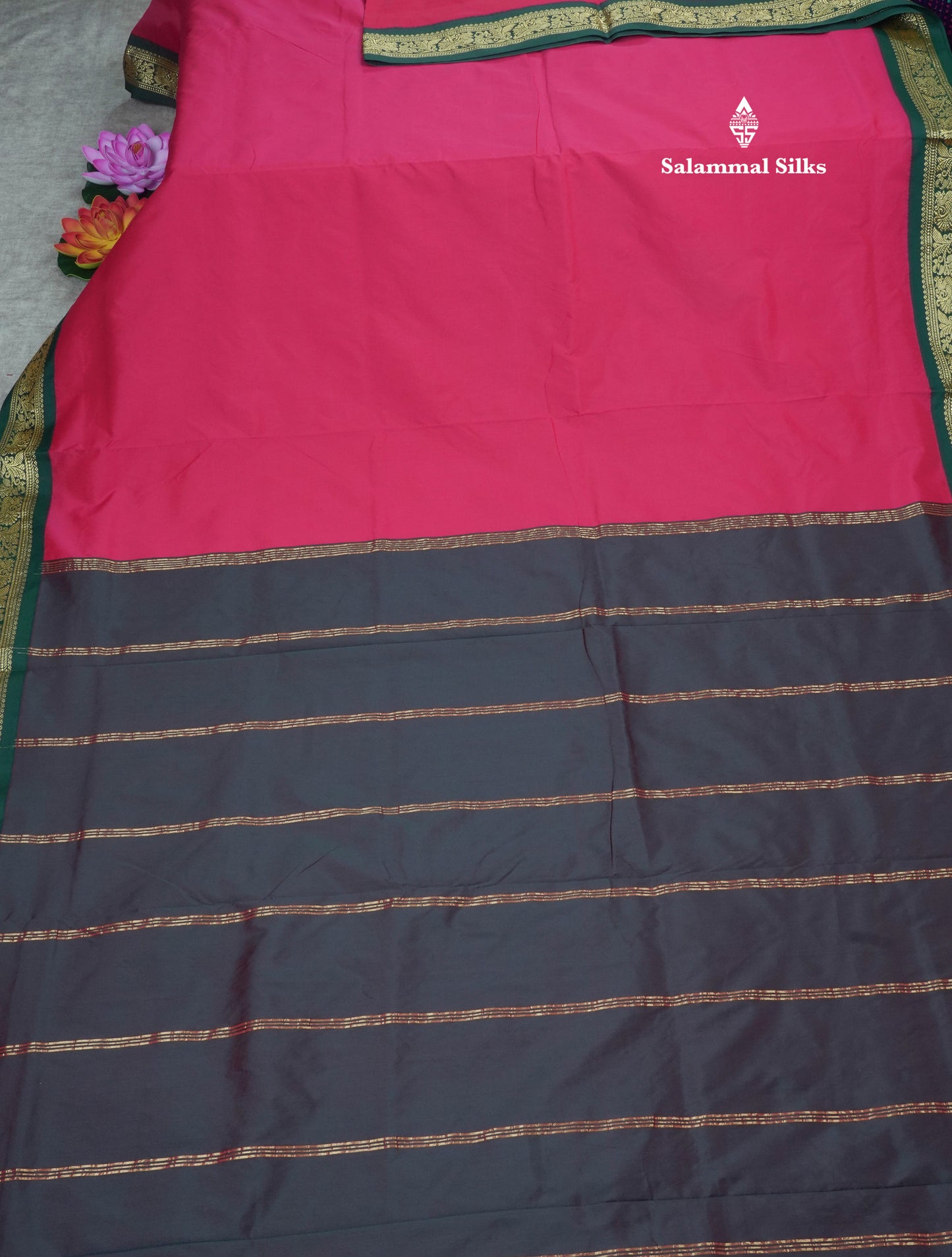 11 Yards Semi Silk Saree Reddish Pink with Contrast Bottle Green Traditional Border