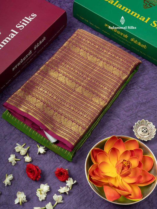 Kanjivaram Beautiful Green Pure Silk Saree With Arakku Colour Long Border