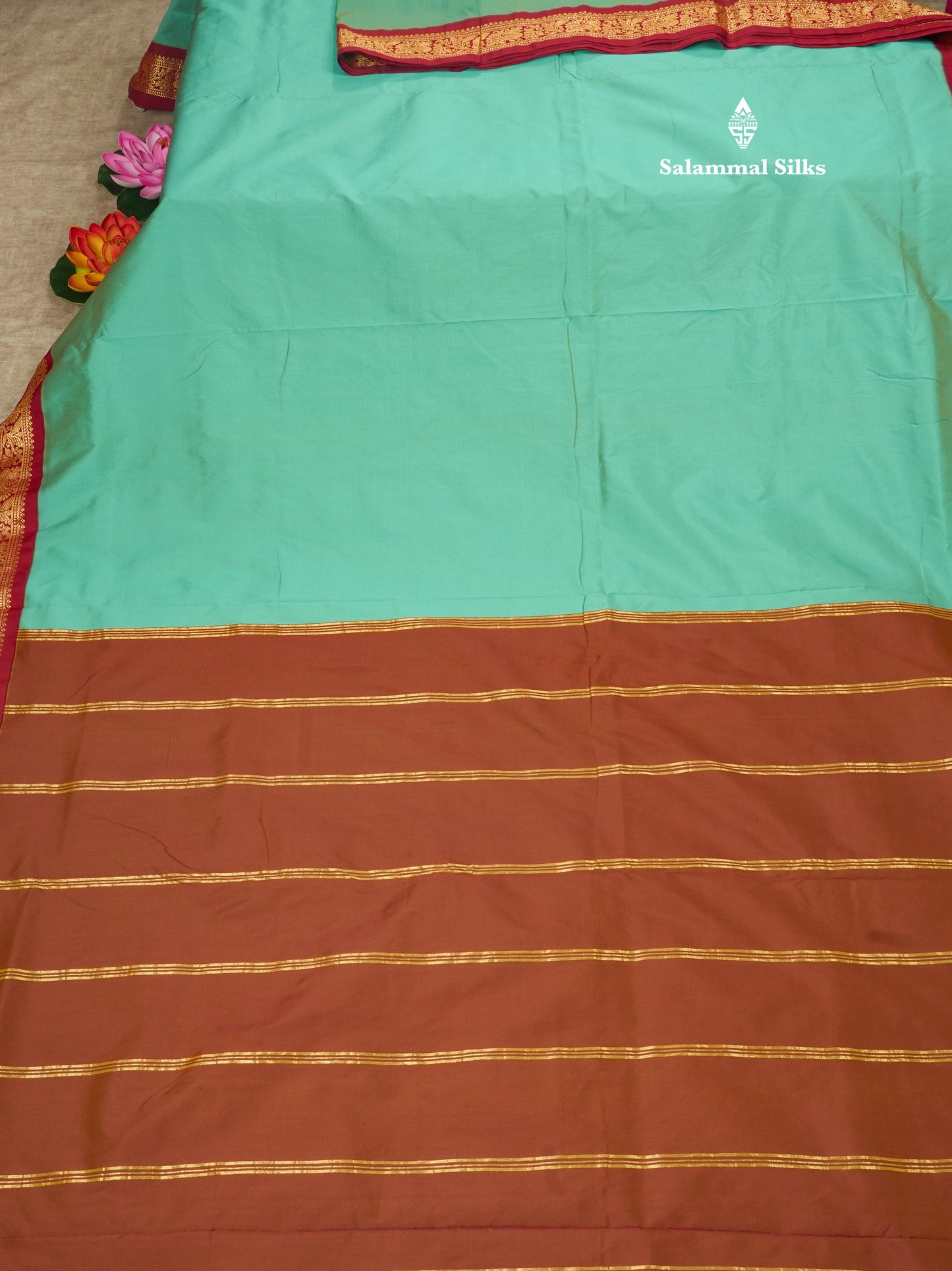 11 Yards Semi Silk Saree Green with Contrast Pink Border