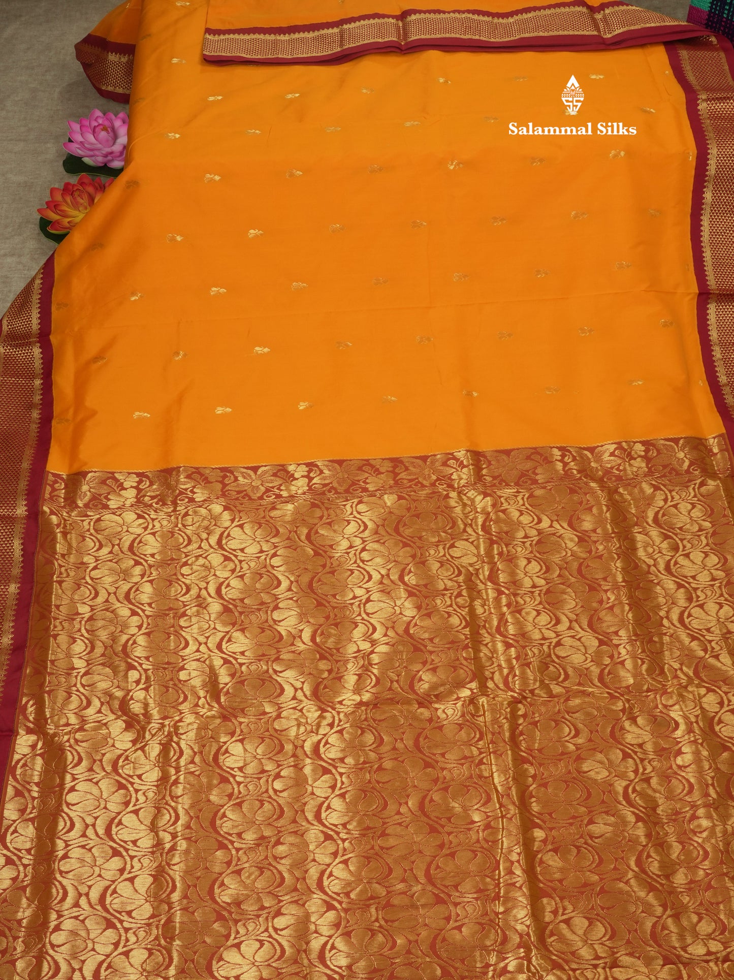 11 Yards Semi Silk Saree Mango Yellow with Contrast Maroon Border