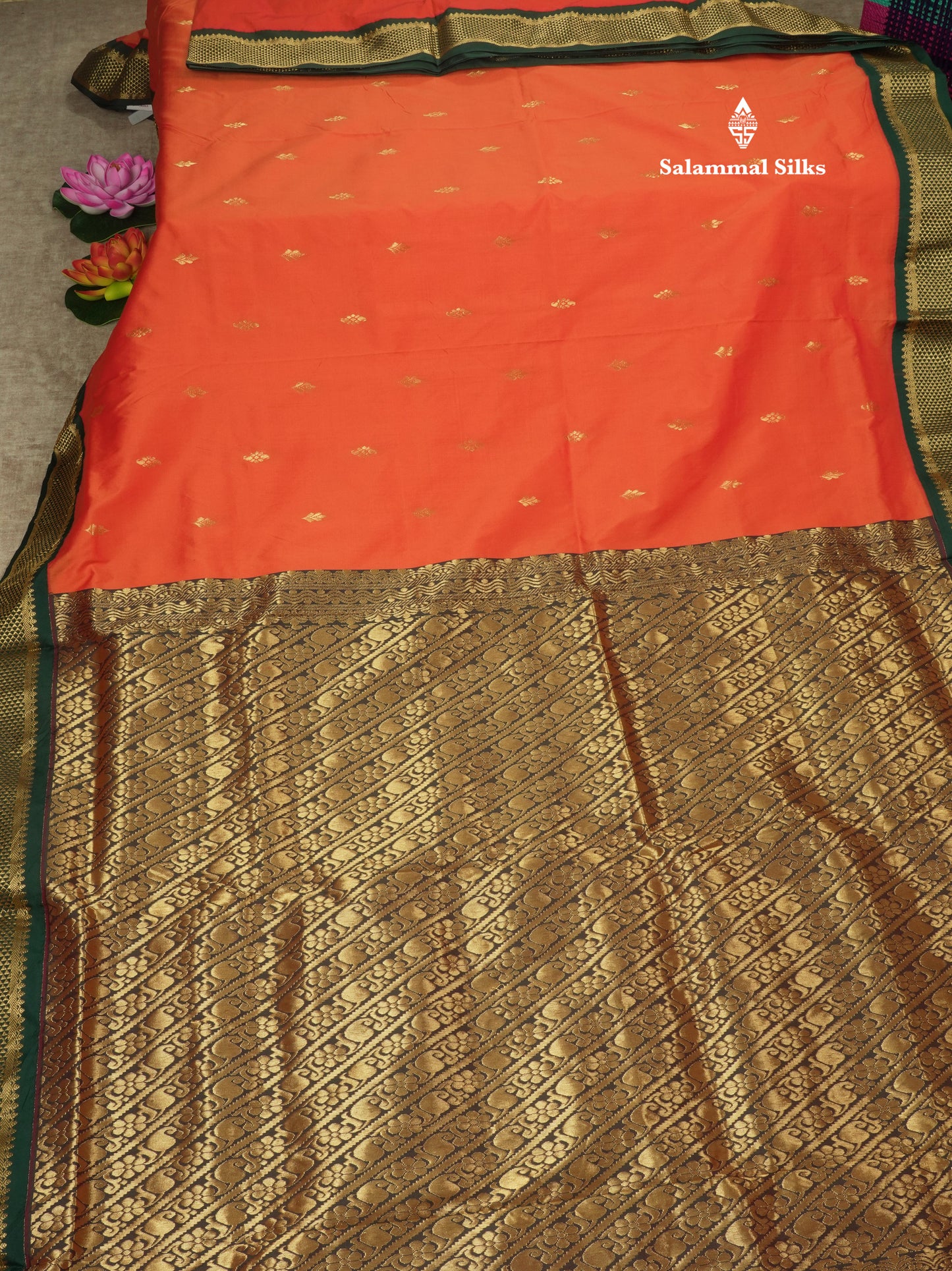 11 Yards Semi Silk Saree Orange with Contrast Bottle Green Border