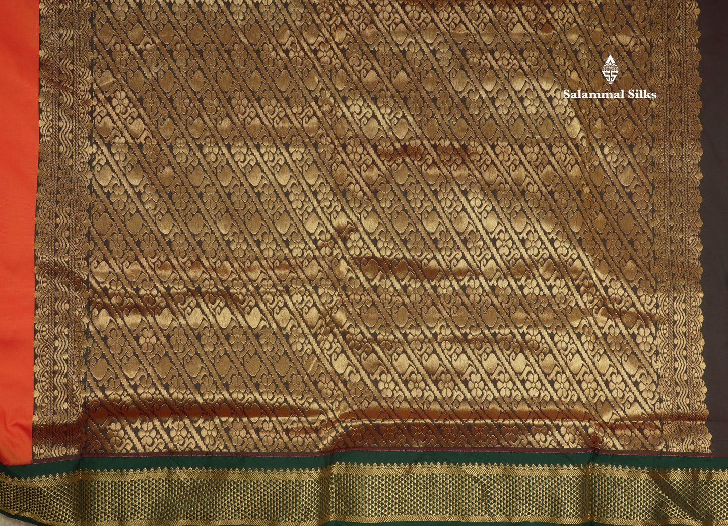11 Yards Semi Silk Saree Orange with Contrast Bottle Green Border