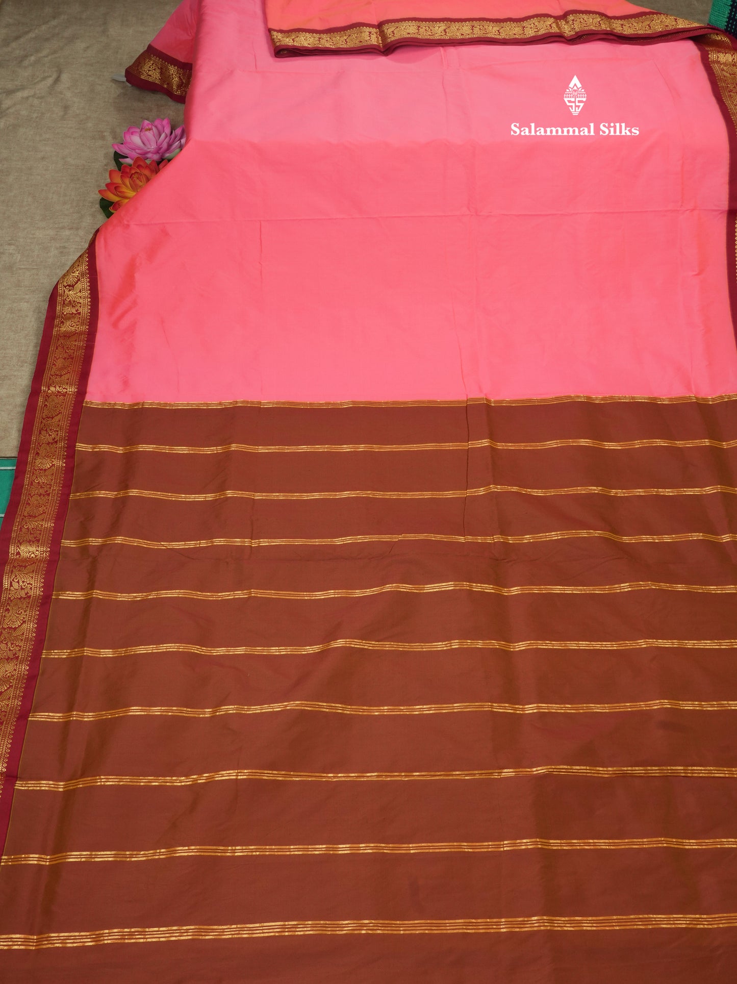 11 Yards Semi Silk Saree Green with Contrast Pink Border