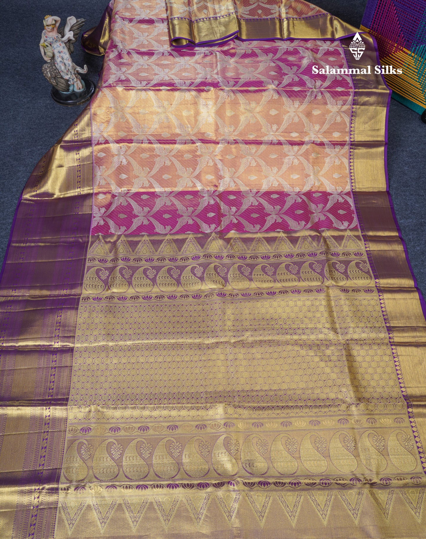 Pink Tissue Bridal Pure Kanjivaram Silk Saree With Contrast Dark Purple Long Traditional Border