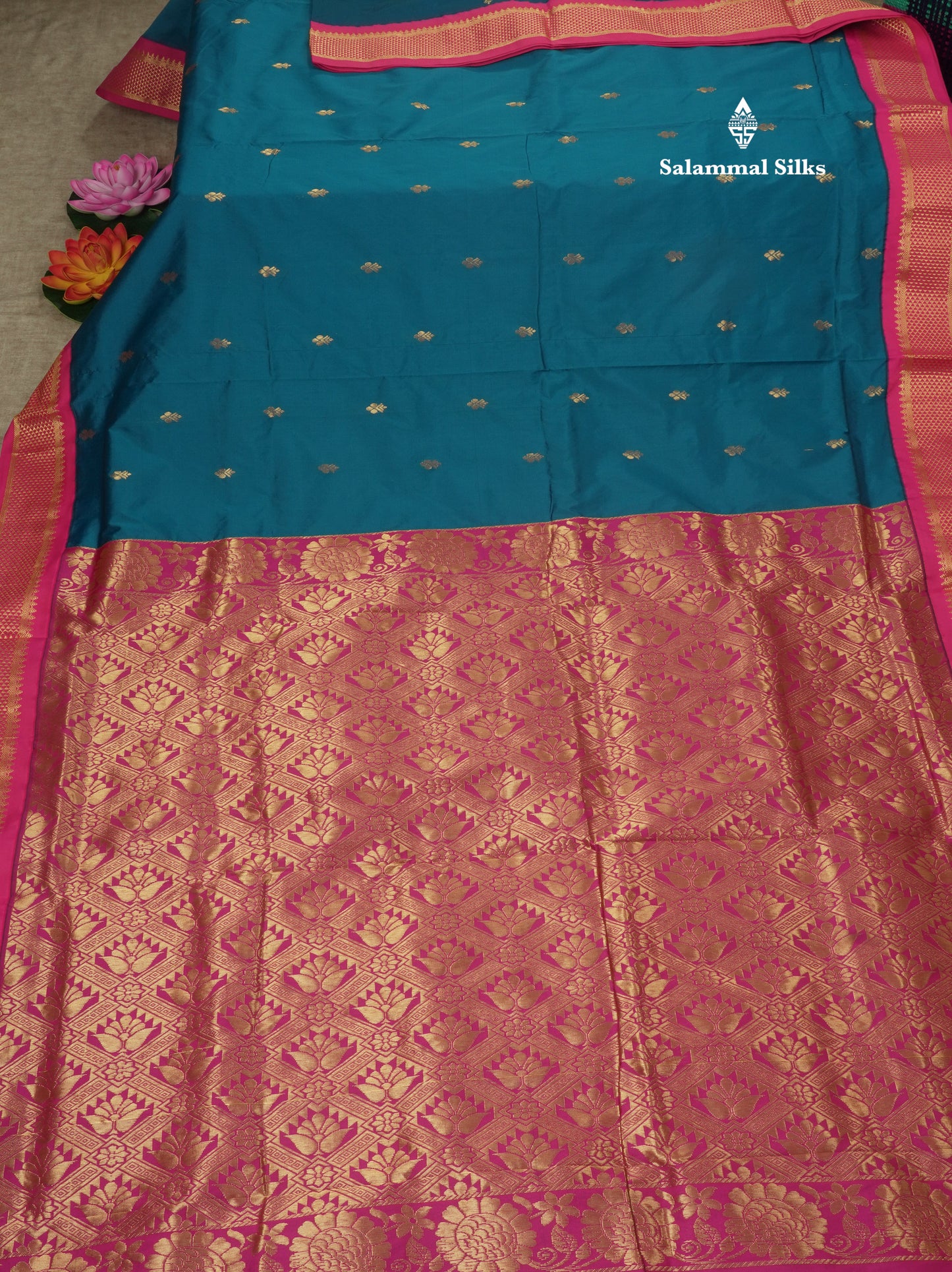 11 Yards Semi Silk Saree Peacock Blue with Contrast Pink Border