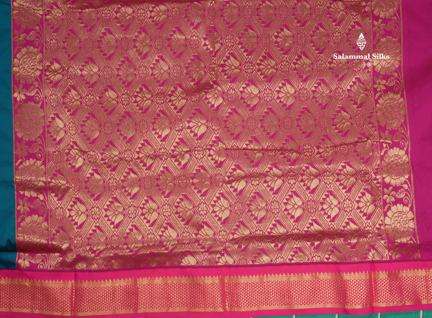 11 Yards Semi Silk Saree Peacock Blue with Contrast Pink Border