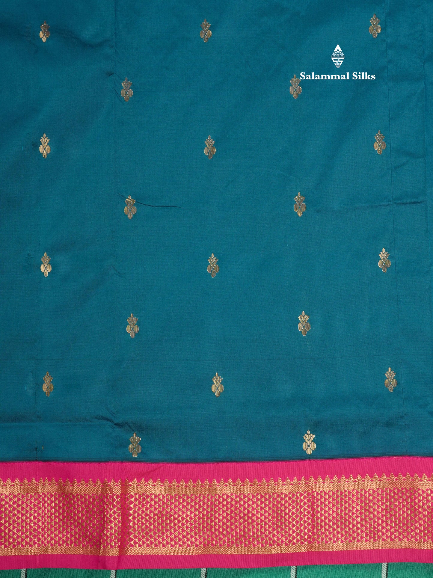 11 Yards Semi Silk Saree Peacock Blue with Contrast Pink Border