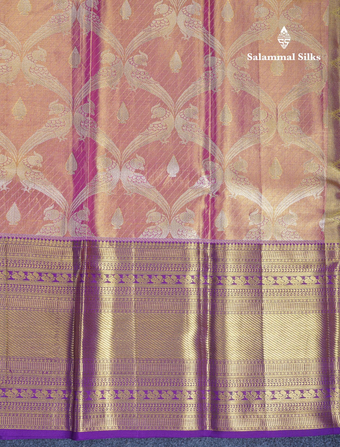 Pink Tissue Bridal Pure Kanjivaram Silk Saree With Contrast Dark Purple Long Traditional Border